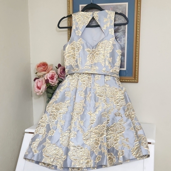 Metallic Golden Floral Dress Size 4 Formal Wedding Guest Party Prom - Picture 10 of 15